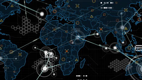 animación de la red de conexiones y procesamiento de datos sobre el mapa del mundo