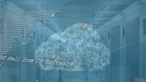 animation of data processing and diagrams over server room