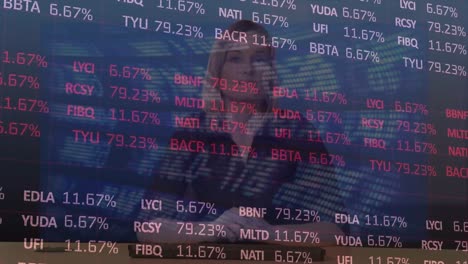 Animation-of-financial-data-processing-over-businesswoman-touching-screen