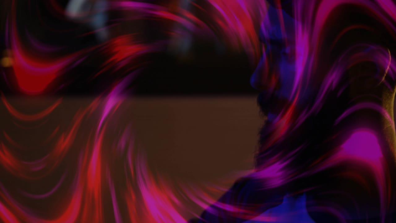 Music producer tweaking faders unleashing purple trails around vortex revealing band collapsing