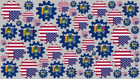 americano y la bandera de nueva york engranajes girando fondo