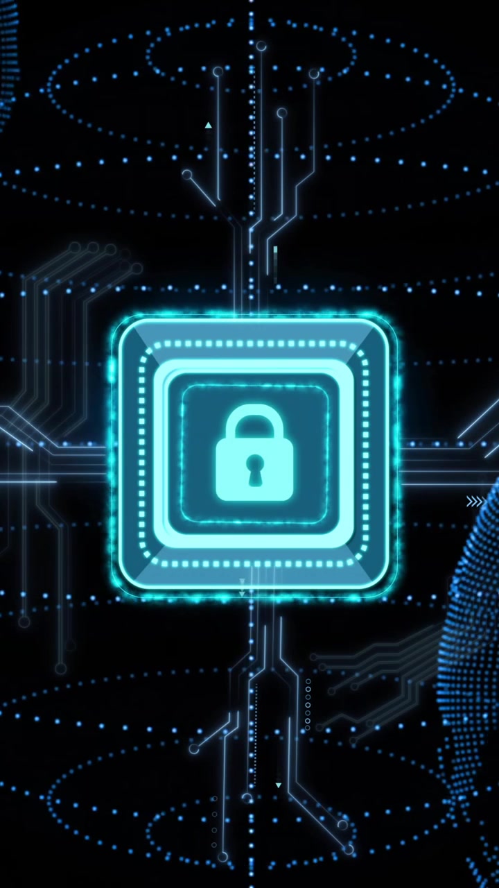 Lock icon with digital circuits and glowing lines, cybersecurity animation over globe