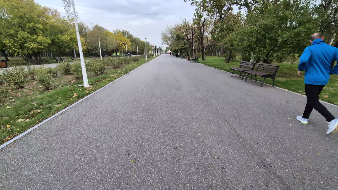 Wide view of an empty park path lined with benches and green trees on an overcast autumn day