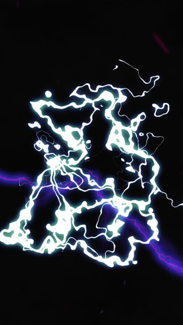 Animazione di lampi viola luminosi e luce liquida bianca luminosa su sfondo nero