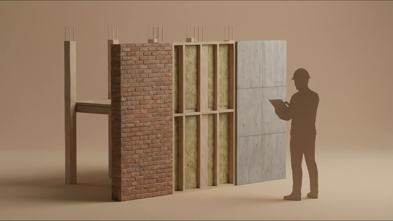 Operaio edile in silhouette che tiene un tablet accanto a una sezione trasversale di parete che mostra montanti, isolamento e griglia di armatura.