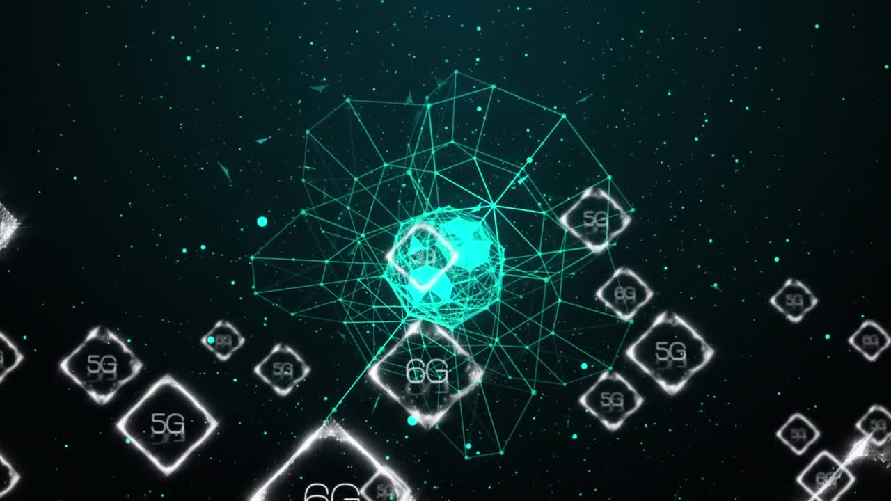 animación de pancartas de texto 5g y partículas blancas sobre un globo geométrico 3d contra un fondo negro