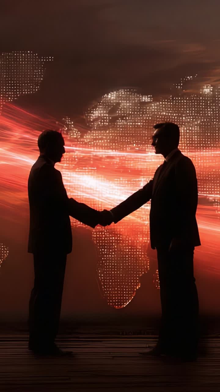 Silhouetted Figures Engaging in a Handshake Against a Dynamic Global Map Background Emphasizing Partnership and Unity in a Modern Business Environment