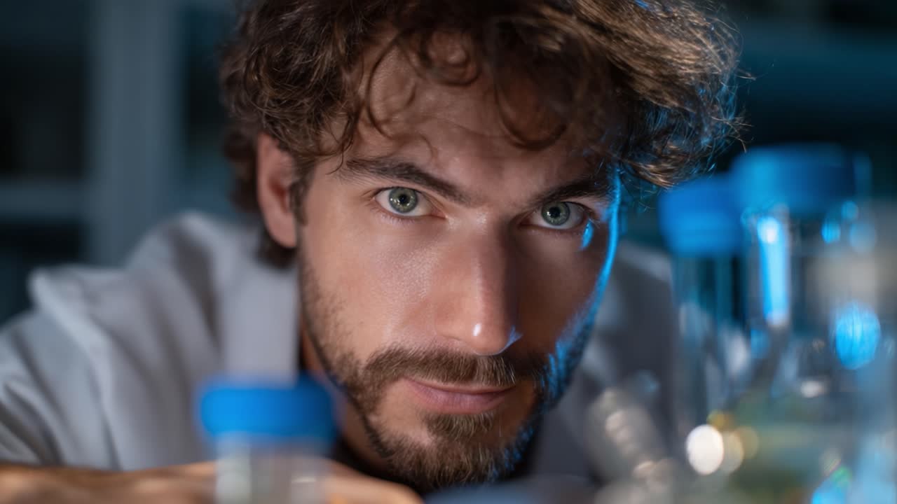 Uno scienziato concentrato osserva degli esperimenti in un laboratorio, profondamente impegnato nella ricerca e nell'innovazione, circondato da diverse vetrerie e attrezzature scientifiche