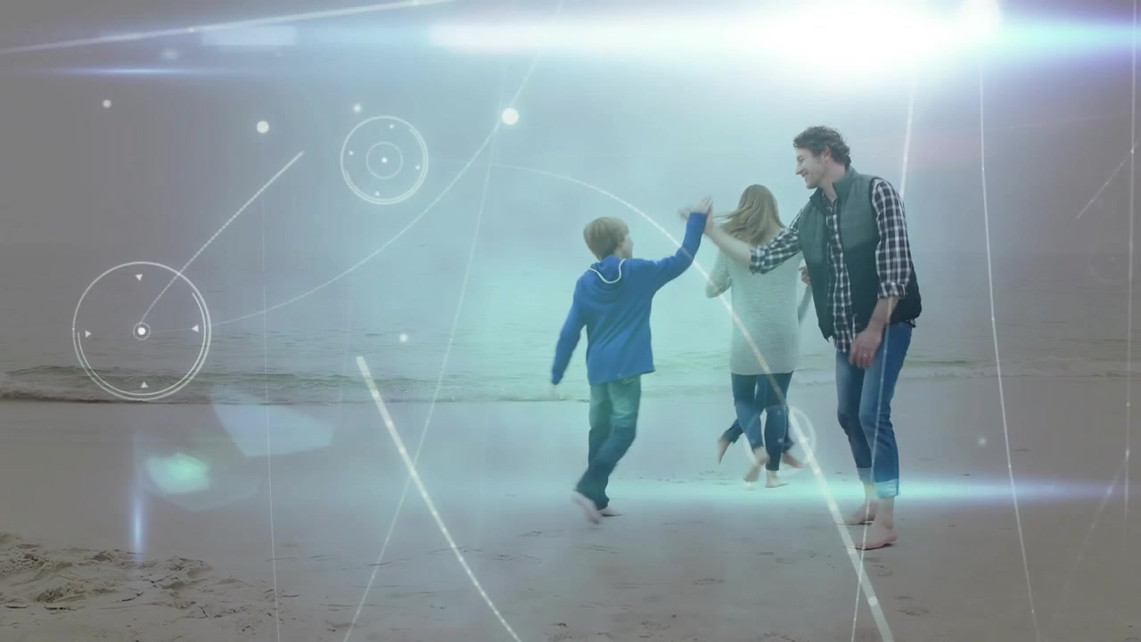 Family walking into glowing orb, spinning and skipping, creating pulsing technology lines on beach