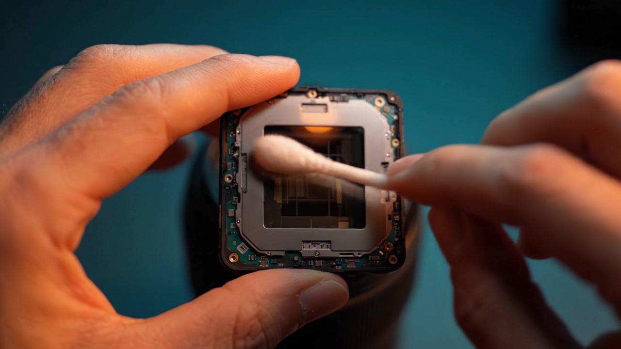 Careful Cleaning of a Camera Sensor Module Using a Cotton Swab to Ensure Optimal Performance and Image Quality in Photography Equipment Maintenance