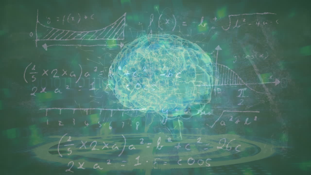 Animation of rotating brain and math formulas on green background