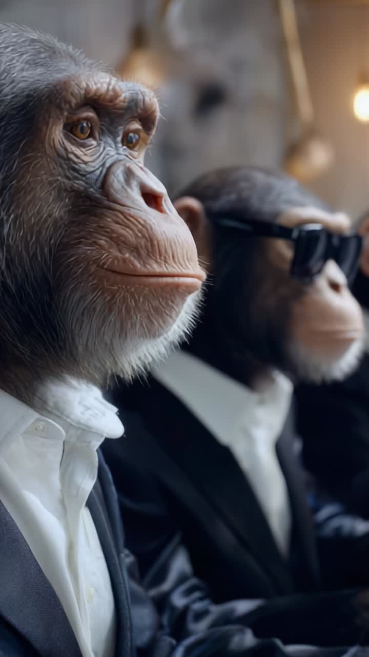 To velklædte chimpanser med smarte solbriller og formel påklædning viser unikke udtryk i en stilfuld indstilling af en video frame