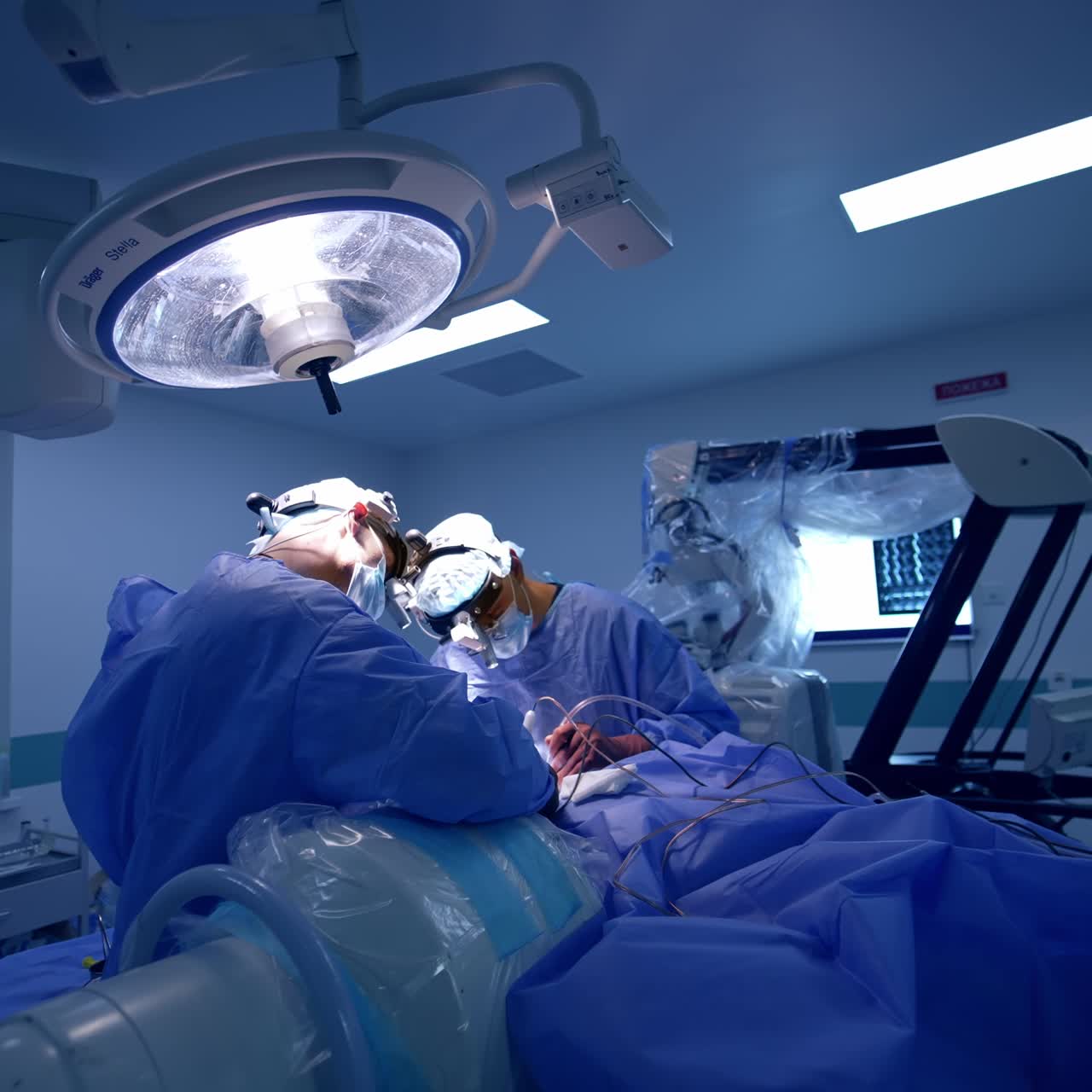 Professional surgeons applying device tools at operation. Neurosurgeons work under the bright round lamp
