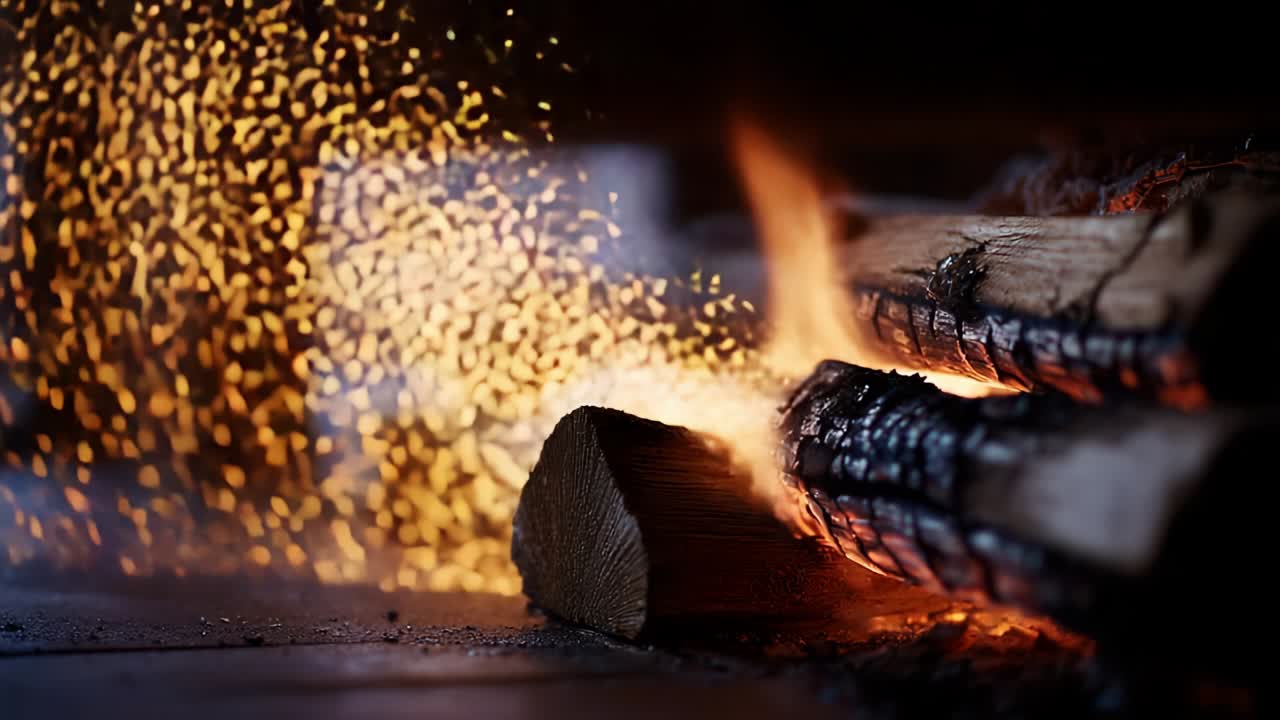Captivating flames dance around the glowing logs, sending sparks soaring into the air, illuminating the dark surroundings with bright, warm light, creating a serene atmosphere filled with the essence of a cozy fire