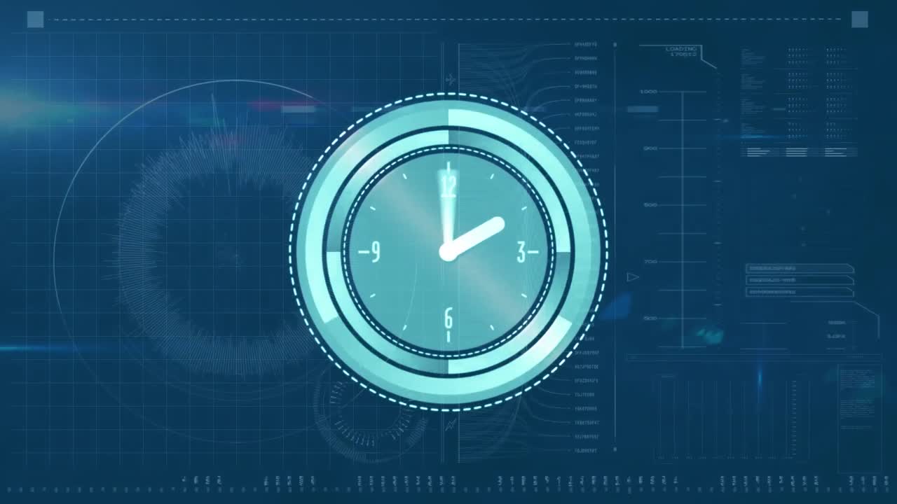 파란색 배경의 분자 위에 빠르게 움직이는 시계의 애니메이션