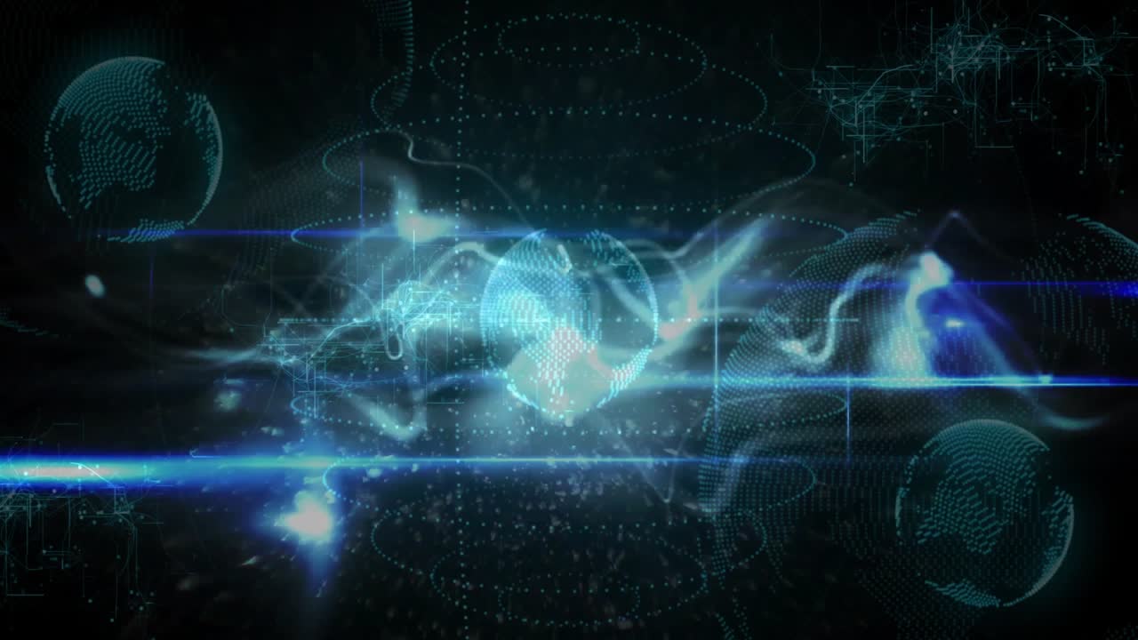Drifting wireframe sphere pulsing mist with emerging spheres while beam fracturing revealing rings