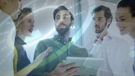 business team discussing over digital data processing animation in office setting