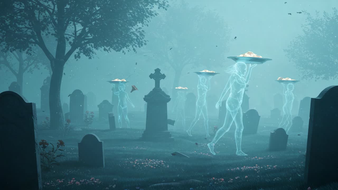 Mysterious Apparitions in a Foggy Graveyard: Ethereal Figures Transporting Dishes Amidst Tombstones and Misty Atmosphere
