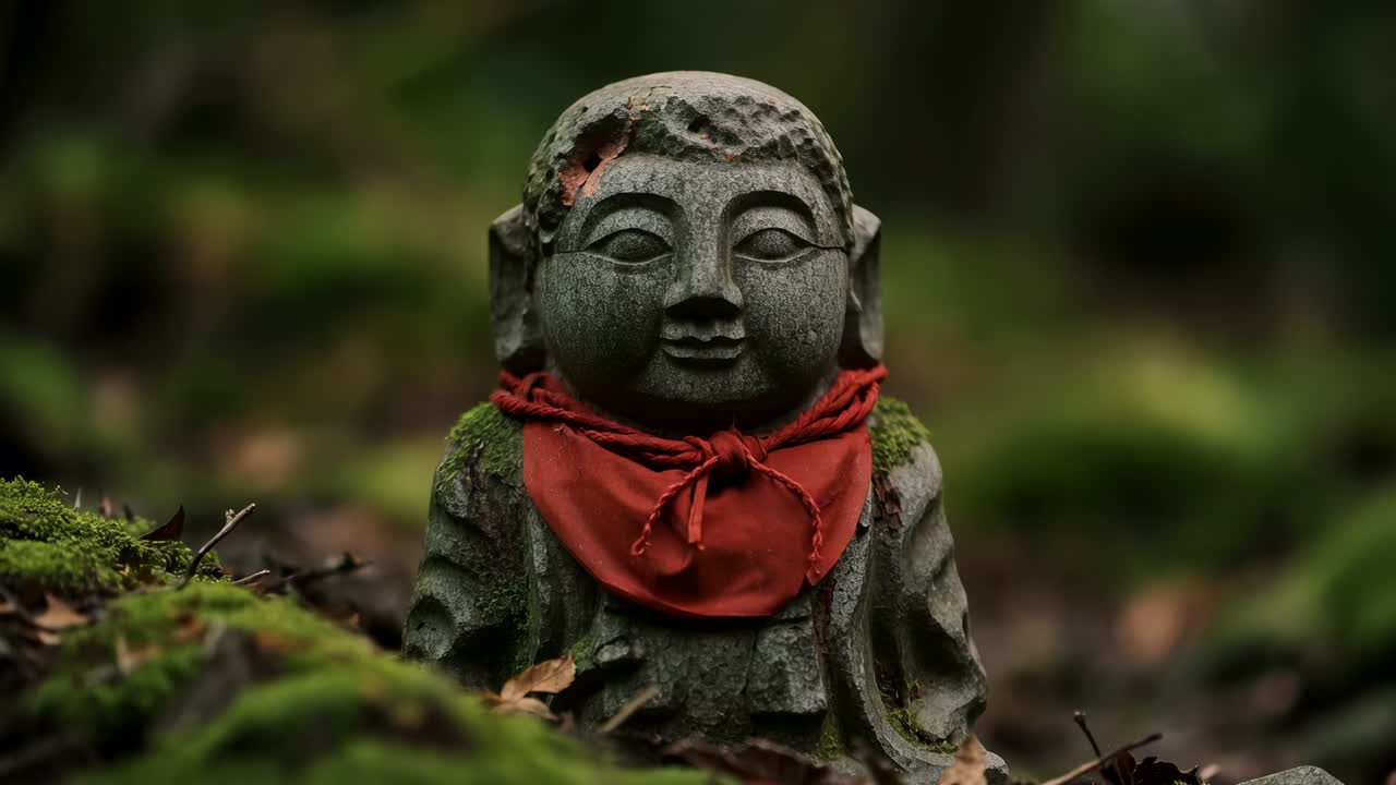 Cánh hoa màu hồng trôi theo làn gió nhẹ, đậu trên tượng Phật bằng đá khoác yếm đỏ phủ rêu