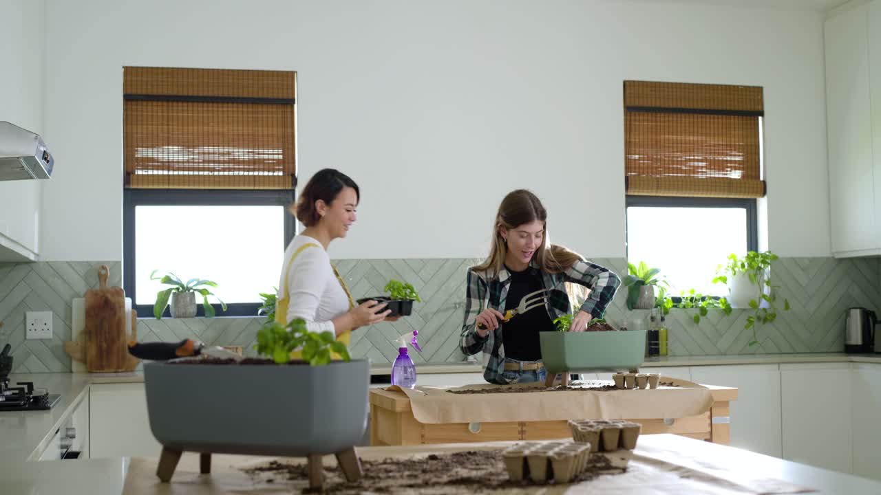 キッチンで、フォークを使って長方形のプランターに苗を植えるための土をすくっている女性の友人たち。
