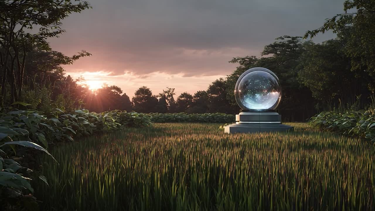 Sfera misteriosa che brilla in un campo lussureggiante al tramonto