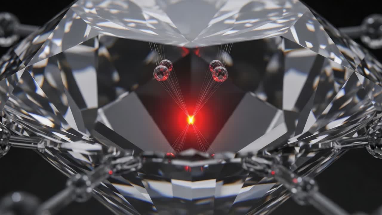 A Stunning Visualization of Diamond Crystallography with Luminous Red Core and Radiating Light Effects Captured in High-Resolution Close-Up