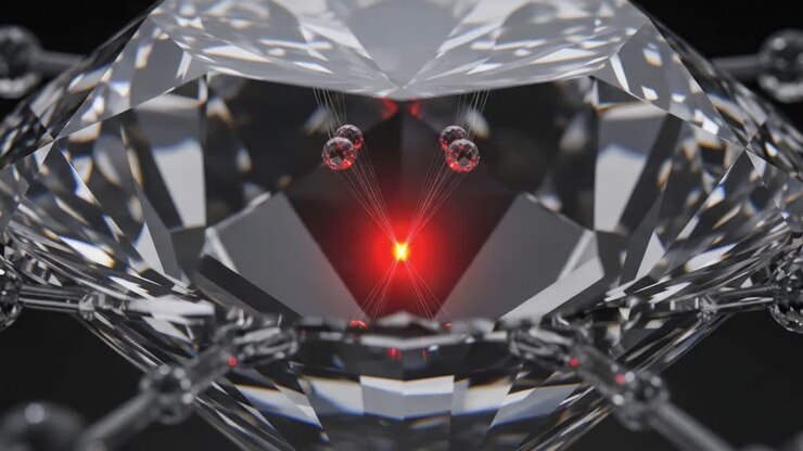 Una splendida visualizzazione della cristallografia del diamante con un nucleo rosso luminoso ed effetti di luce radianti, catturata in un primo piano ad alta risoluzione.