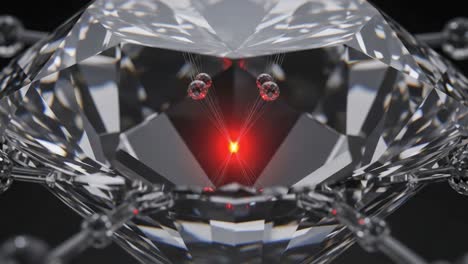 a stunning visualization of diamond crystallography with luminous red core and radiating light effects captured in high-resolution close-up
