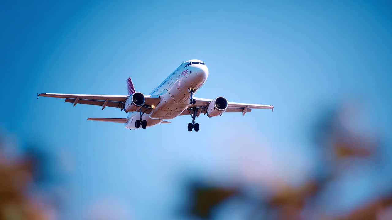 Un aeroplano scende elegantemente attraverso un cielo azzurro, mostrando la sua forma aerodinamica in un suggestivo momento visivo catturato appena prima dell'atterraggio