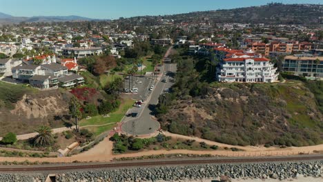 rotating aerial view of linda lane park, on a clear sunny day, in san clemente, california