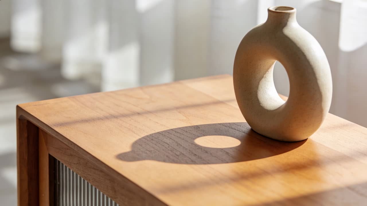 Shifting sunlight casting grid bands across wood cabinet, showing ceramic donut vase, copy space