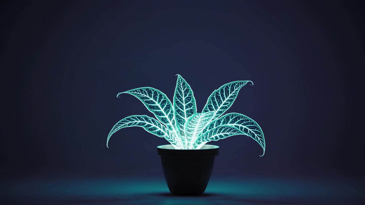 Pianta Astratta al Neon con Luce Turchese Pulsante