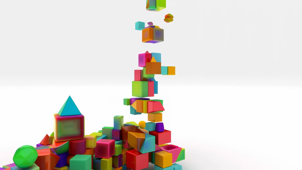Colorful 3D Geometric Shapes Falling and Stacking on White