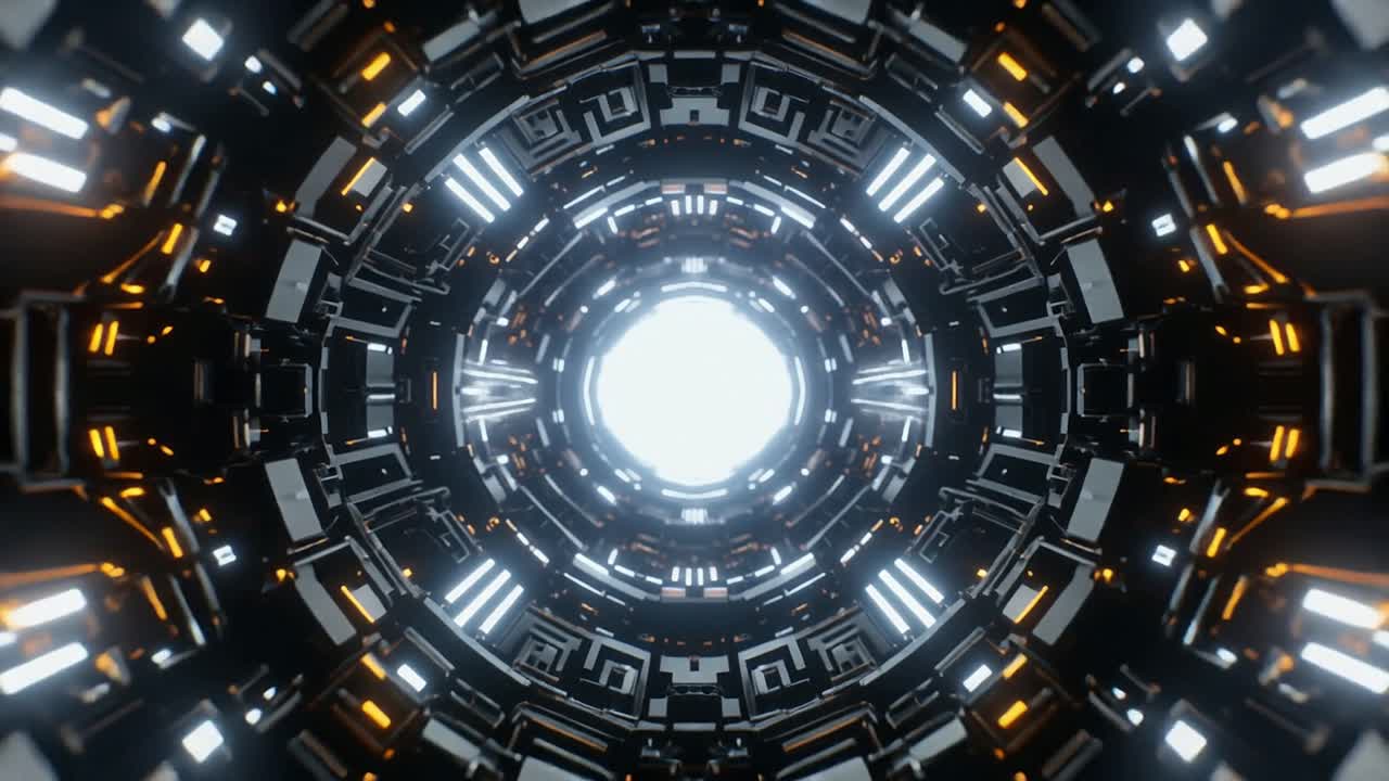 Volo dinamico attraverso un tunnel cibernetico futuristico e luminoso