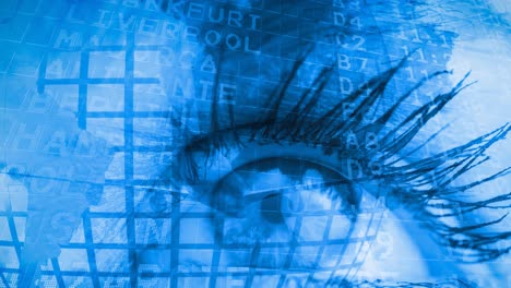 airport information board and world map against close up of female eye on blue background