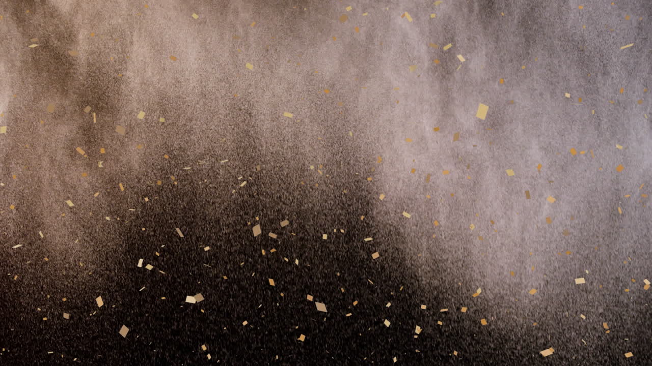복사 공간과 함께 검은 바탕에 색의 파우더 폭발을 통해 떨어지는 콘페티의 애니메이션