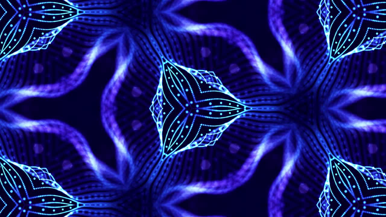 complex symmetrical structures of glow particles like sci-fi bg. Kaleidoscopic abstract theme. 4k looped sci-fi 3d background with glow blue particles form lines, surfaces, pattern