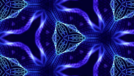 estructuras simétricas complejas de partículas de brillo como la ciencia ficción bg. tema abstracto caleidoscópico. fondo de ciencia ficción 3d en bucle de 4k con partículas de azul brillante forman líneas, superficies, patrones