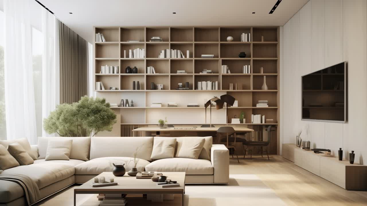 Minimalist living room interior bathing in natural daylight, featuring sleek furniture, expansive window, stylish sofa, contemporary bookcase, and mounted television