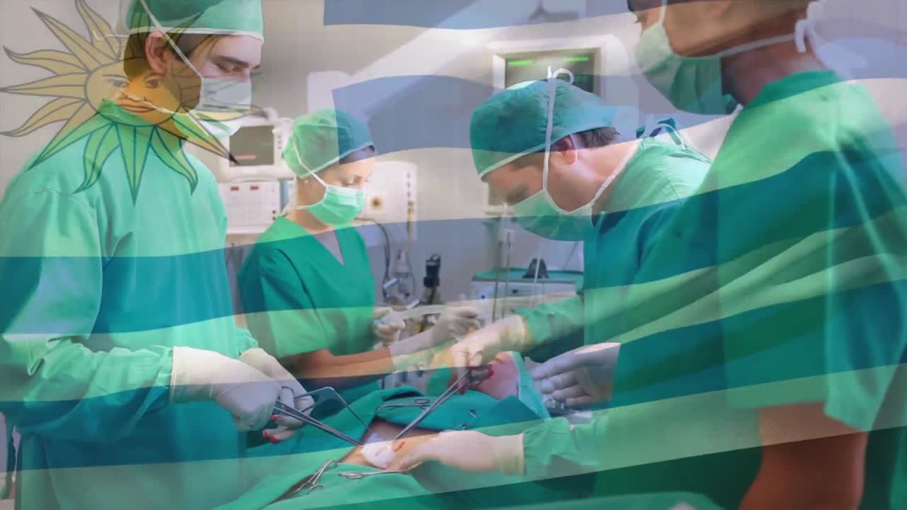 animación de ondear la bandera uruguaya contra un equipo de cirujanos que realizan una cirugía en el hospital