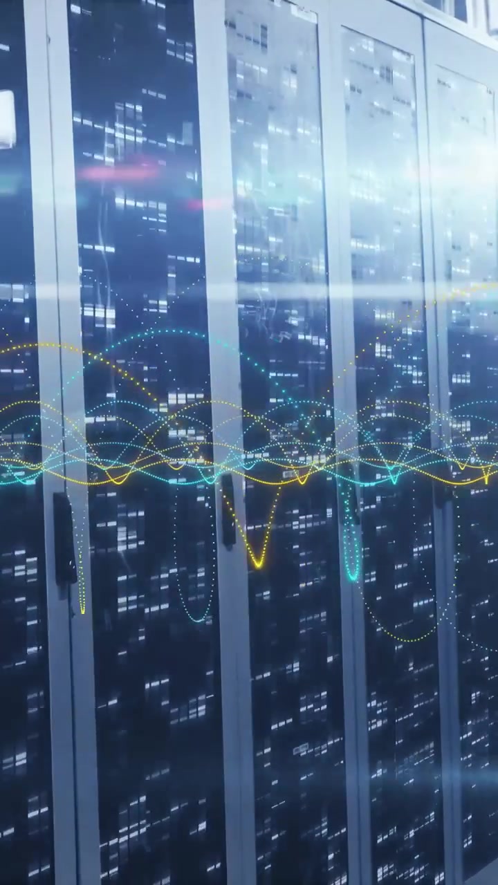 Vertical video: On data pulse glass racks flashing LEDs while waveform pulsing showing network load
