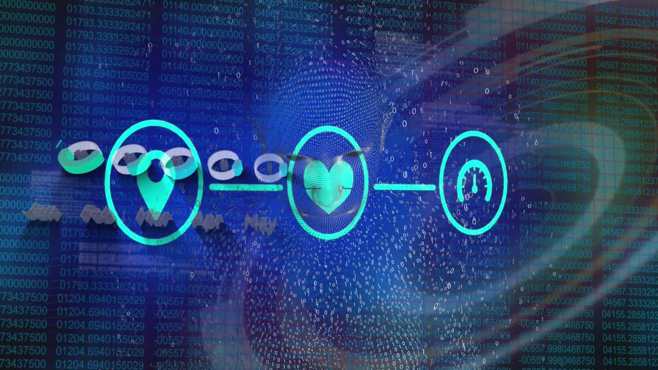 Animation of network of digital icons and data processing against human body model and round scanner