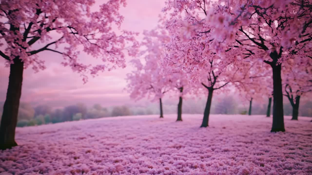 A dreamy landscape video scene of cherry blossoms in full bloom, captured from a low angle