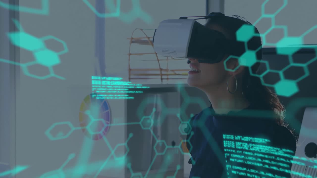 Scientific data with woman wearing VR headset in a background 4k