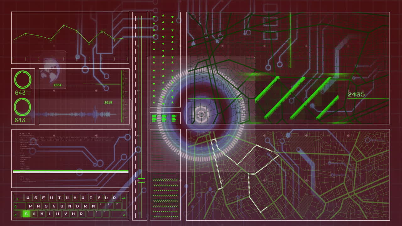 Futuristic digital interface with circuit patterns and data processing animations