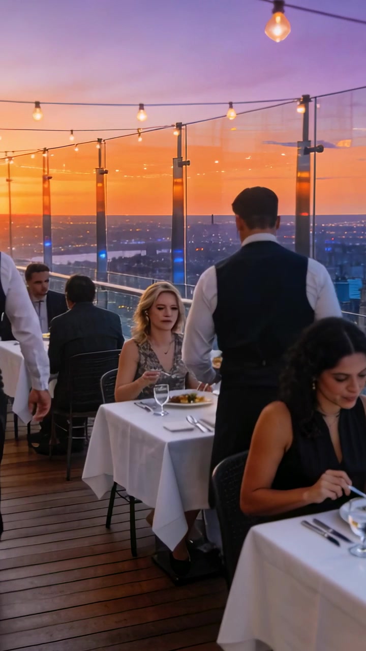 Vertical video: Serving waiter w or tray placing plate for sleeveless-dress diner on roof, copy spa