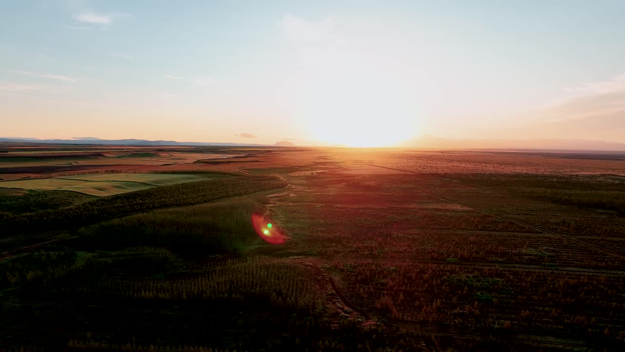 남 아이슬란드의 들판 위에 빛나는 해가 뜨는 동안 황금 하늘