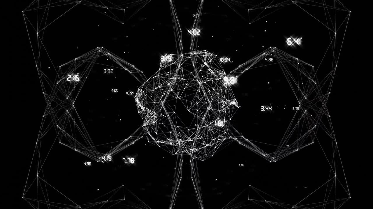 On numeric glyphs pulsing central bright mesh sphere expanding forming lobes rotating showing data