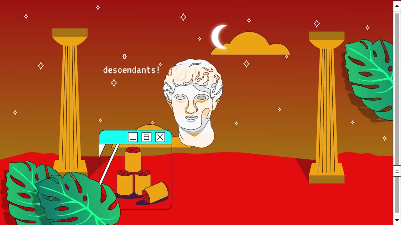 Retro Vaporwave Poster With User Interface Elements and Vintage Illustrations.  Abstract Red Gradient Aesthetic Background. 2D Animation.