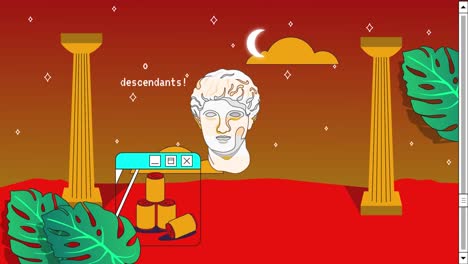 retro vaporwave poster with user interface elements and vintage illustrations.  abstract red gradient aesthetic background. 2d animation.